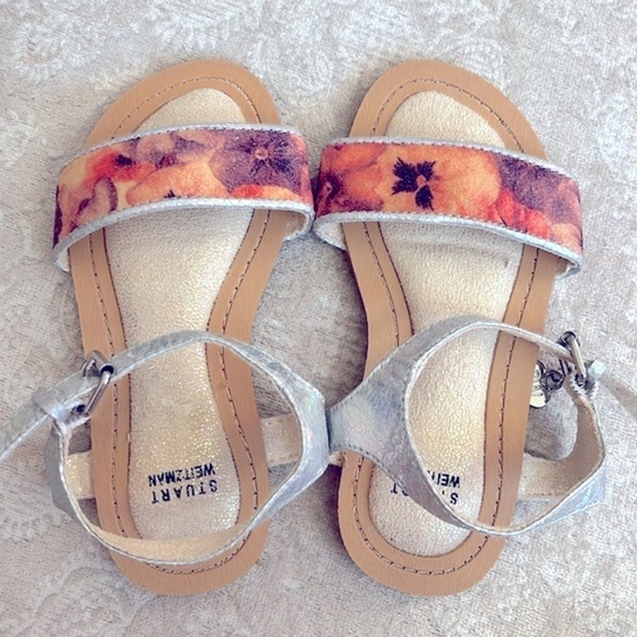 Brand New Stuart Weitzman Floral Metallic Iridescent Ankle Strap Sandals Heart - Picture 11 of 13